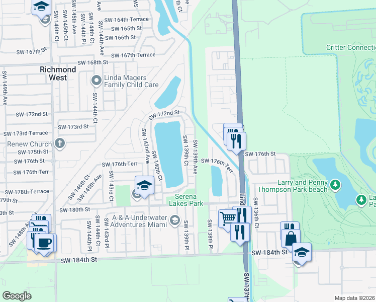 map of restaurants, bars, coffee shops, grocery stores, and more near 13934 Southwest 175th Terrace in Miami