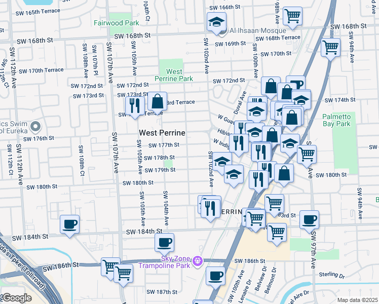 map of restaurants, bars, coffee shops, grocery stores, and more near 10250 Southwest 177th Street in Miami