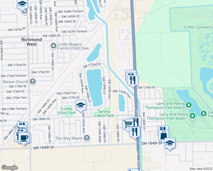 map of restaurants, bars, coffee shops, grocery stores, and more near 13908 Southwest 174th Terrace in Miami