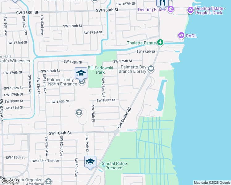 map of restaurants, bars, coffee shops, grocery stores, and more near 17820 Southwest 77th Avenue in Palmetto Bay