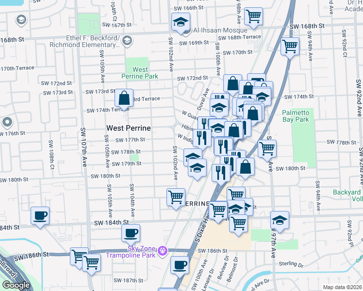 map of restaurants, bars, coffee shops, grocery stores, and more near 10132 West Indigo Street in Miami