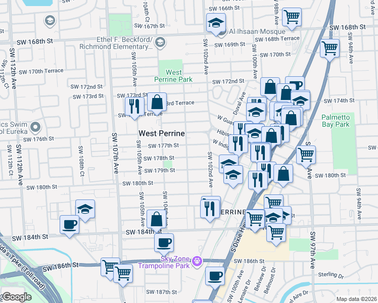 map of restaurants, bars, coffee shops, grocery stores, and more near 17725 Southwest 103rd Avenue in Miami