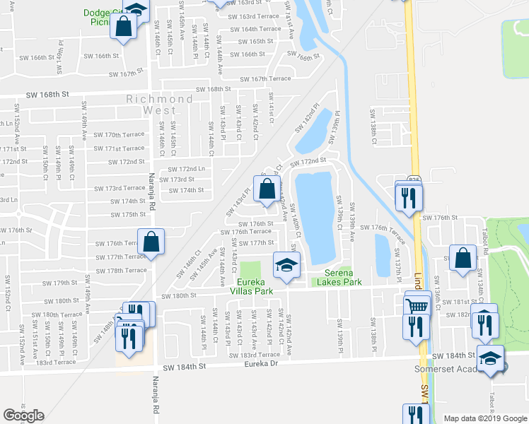 map of restaurants, bars, coffee shops, grocery stores, and more near 14273 Southwest 175th Terrace in Miami