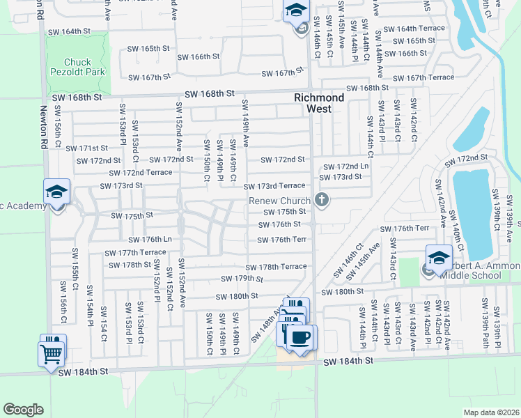 map of restaurants, bars, coffee shops, grocery stores, and more near 14856 Southwest 174th Street in Miami