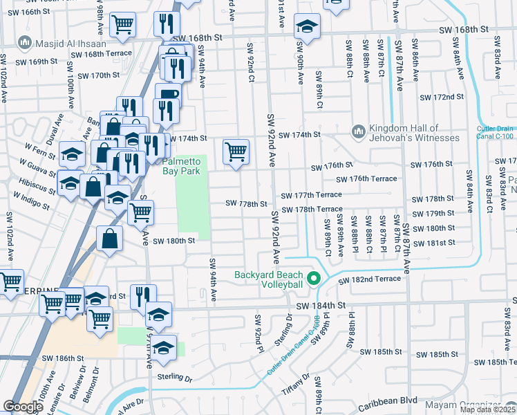 map of restaurants, bars, coffee shops, grocery stores, and more near 9230 Southwest 178th Street in Palmetto Bay
