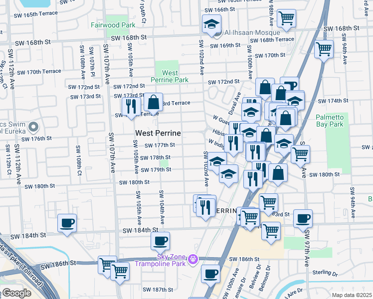 map of restaurants, bars, coffee shops, grocery stores, and more near 10250 Southwest 177th Street in Miami