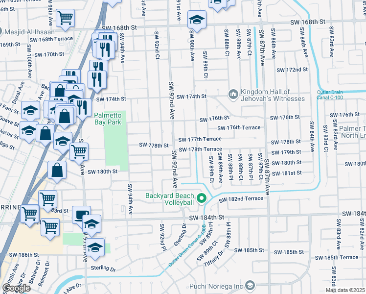 map of restaurants, bars, coffee shops, grocery stores, and more near 9130 Southwest 177th Terrace in Palmetto Bay