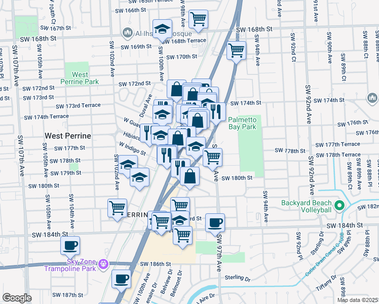 map of restaurants, bars, coffee shops, grocery stores, and more near 9851 East Guava Street in Palmetto Bay