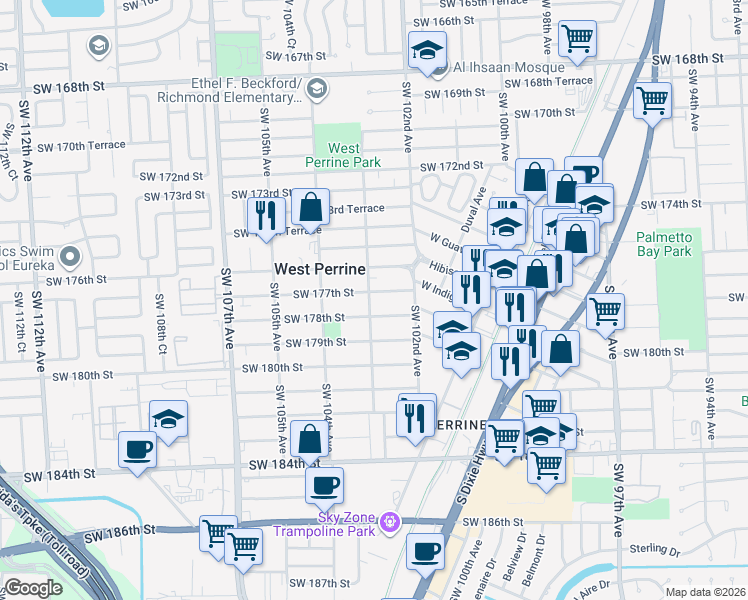 map of restaurants, bars, coffee shops, grocery stores, and more near 10250 Southwest 177th Street in Miami