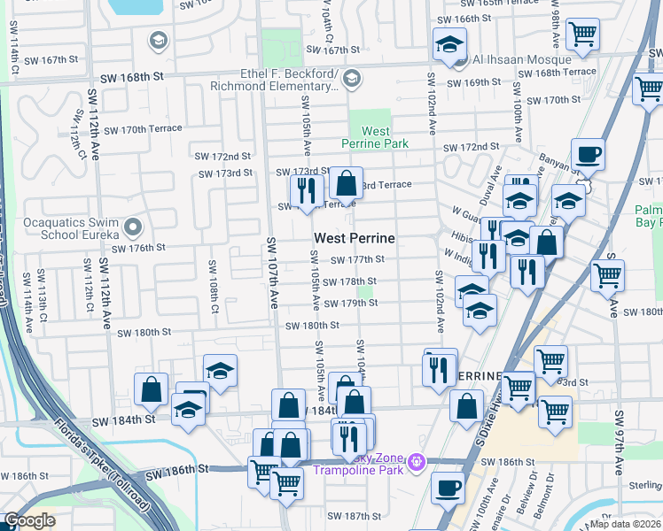 map of restaurants, bars, coffee shops, grocery stores, and more near 10461 Southwest 177th Street in Miami