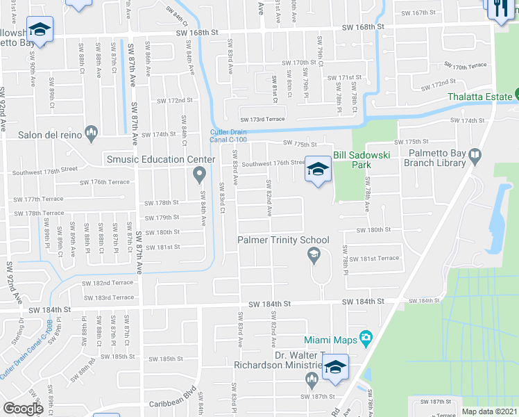 map of restaurants, bars, coffee shops, grocery stores, and more near 8245 Southwest 178th Terrace in Palmetto Bay