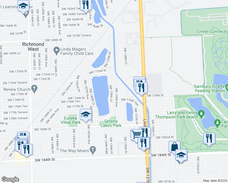 map of restaurants, bars, coffee shops, grocery stores, and more near 13908 Southwest 174th Terrace in Miami