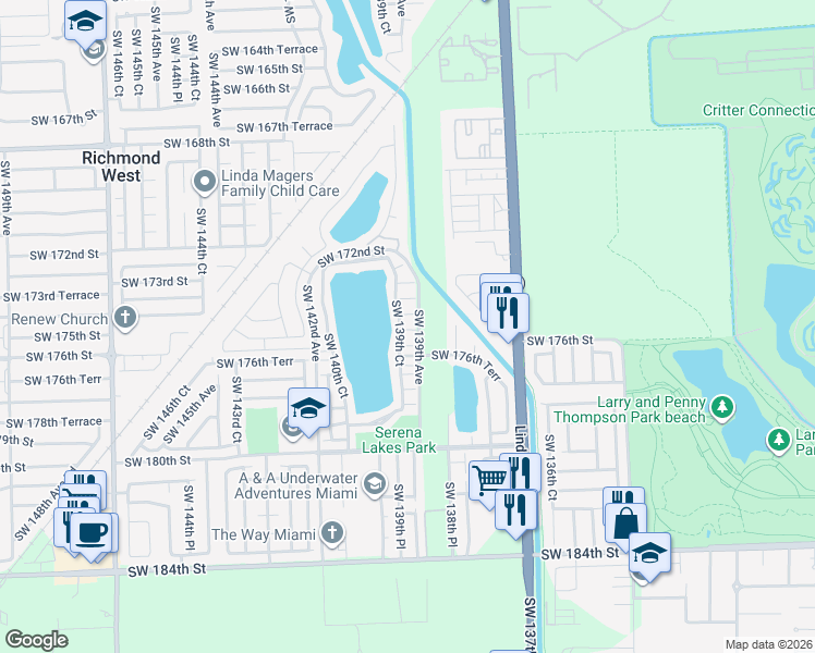 map of restaurants, bars, coffee shops, grocery stores, and more near 13908 Southwest 174th Terrace in Miami