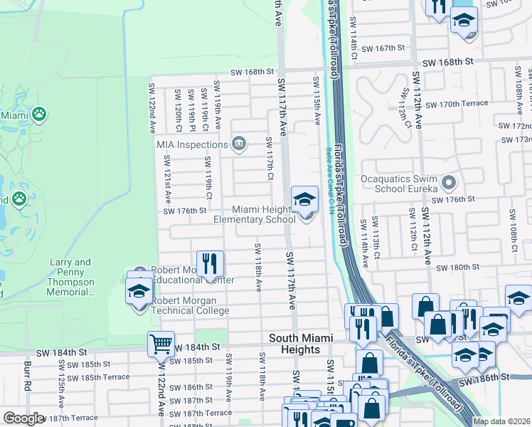 map of restaurants, bars, coffee shops, grocery stores, and more near in South Miami Heights