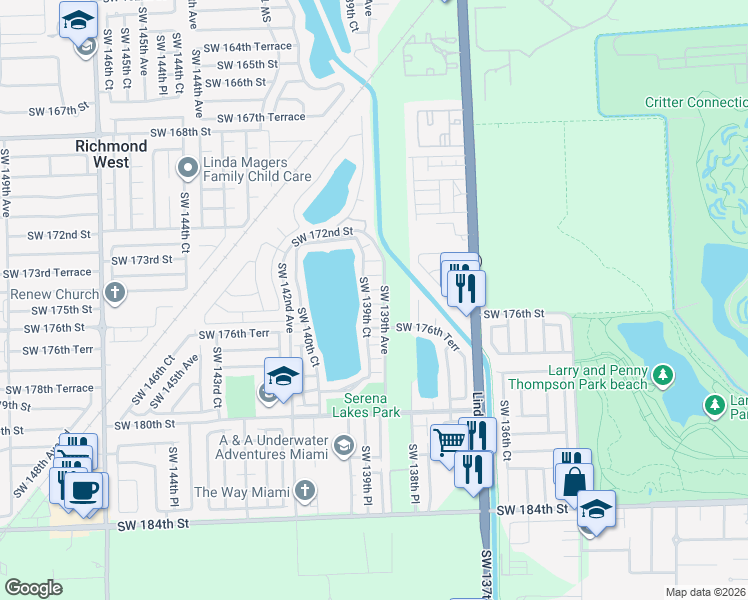 map of restaurants, bars, coffee shops, grocery stores, and more near 13908 Southwest 174th Terrace in Miami