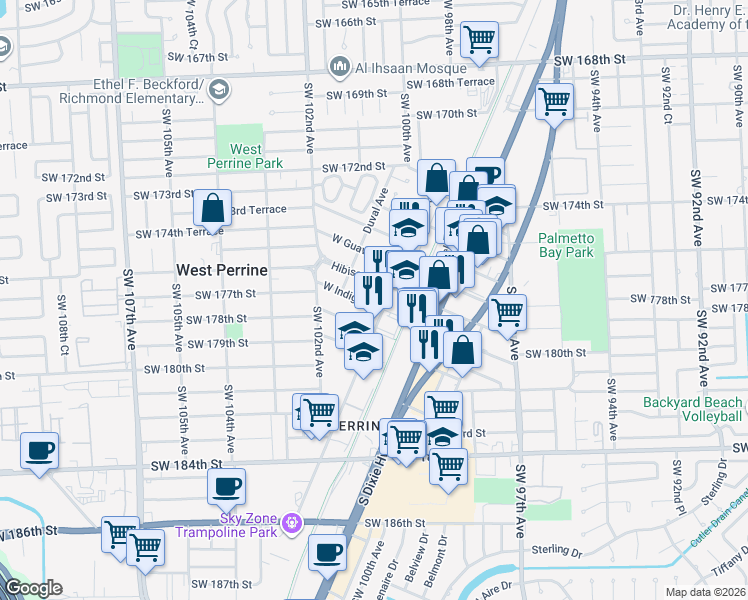 map of restaurants, bars, coffee shops, grocery stores, and more near 10055 West Indigo Street in Miami