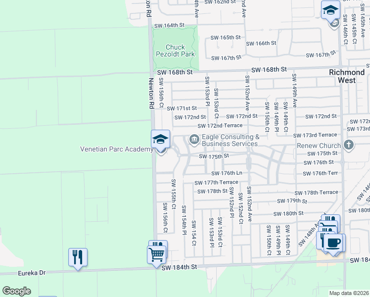 map of restaurants, bars, coffee shops, grocery stores, and more near 17400 Southwest 154th Place in Miami