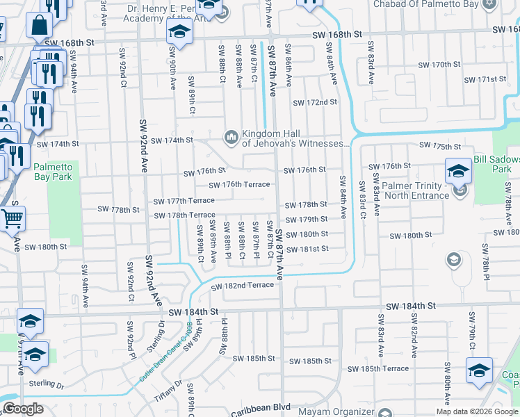 map of restaurants, bars, coffee shops, grocery stores, and more near 8764 Southwest 177th Terrace in Palmetto Bay