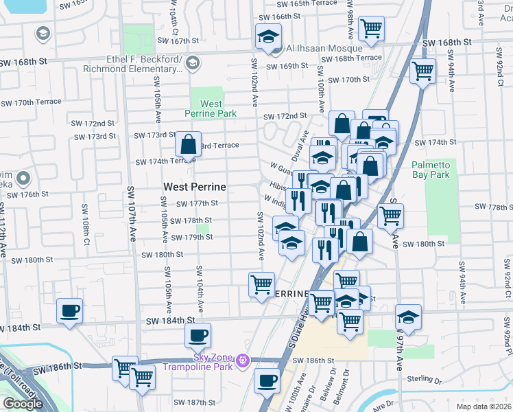 map of restaurants, bars, coffee shops, grocery stores, and more near 10132 West Indigo Street in Miami