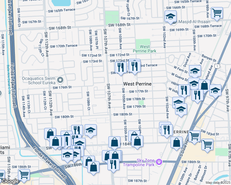 map of restaurants, bars, coffee shops, grocery stores, and more near 10597 Southwest 177th Street in Miami