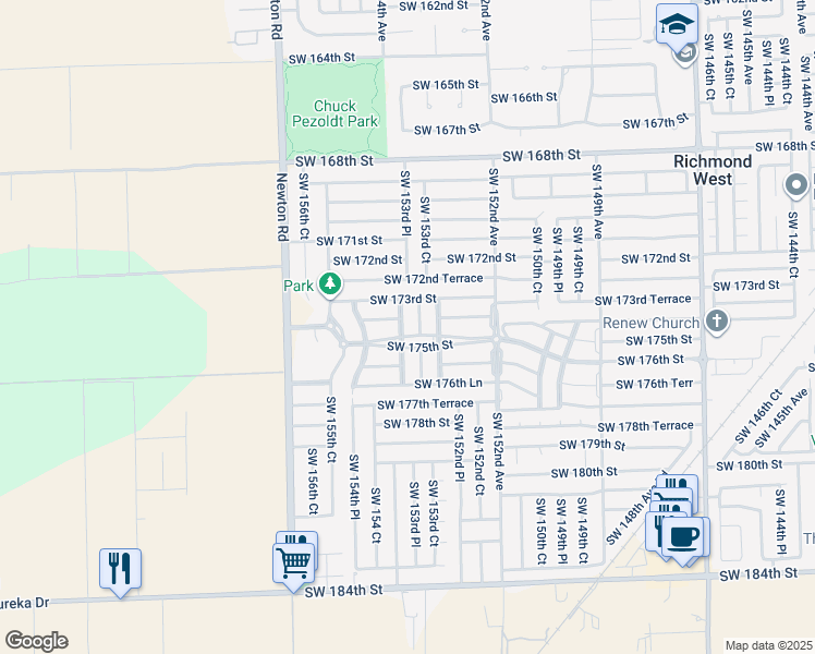 map of restaurants, bars, coffee shops, grocery stores, and more near 15382 Southwest 173rd Lane in Miami