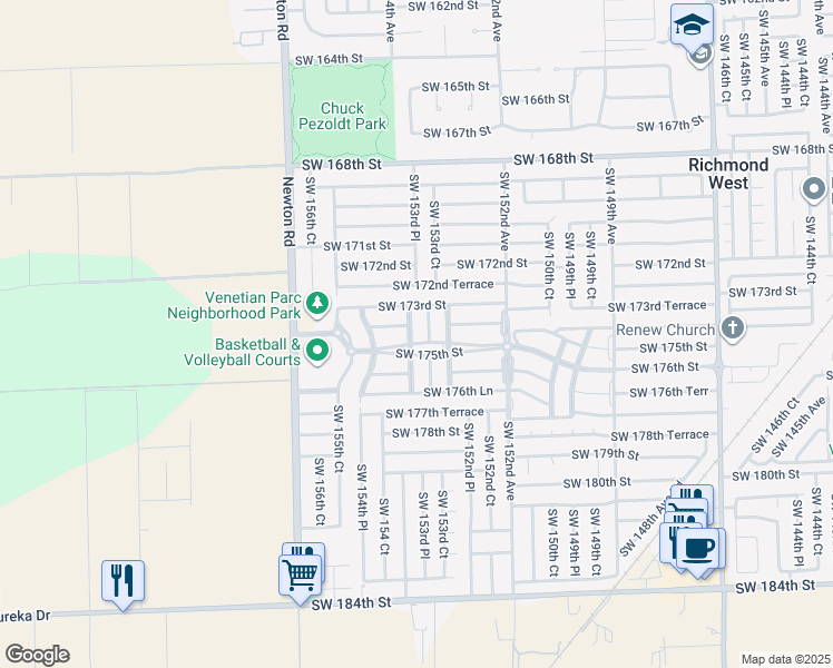 map of restaurants, bars, coffee shops, grocery stores, and more near 15382 Southwest 173rd Lane in Miami