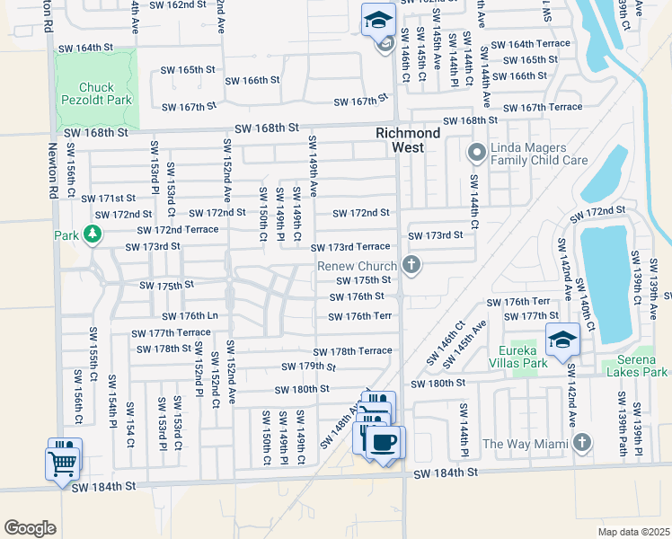 map of restaurants, bars, coffee shops, grocery stores, and more near 14856 Southwest 174th Street in Miami