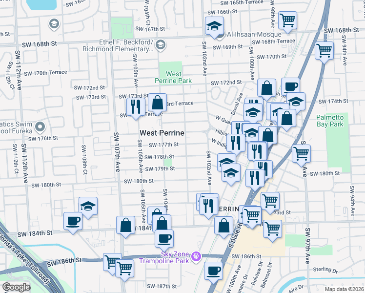 map of restaurants, bars, coffee shops, grocery stores, and more near 10331 Southwest 177th Street in Miami