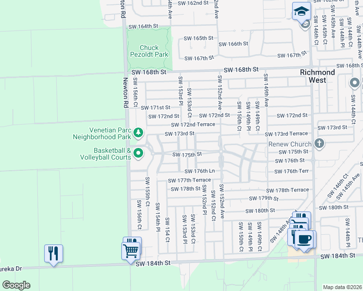 map of restaurants, bars, coffee shops, grocery stores, and more near 15382 Southwest 173rd Lane in Miami