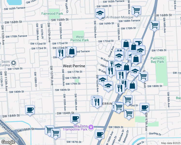 map of restaurants, bars, coffee shops, grocery stores, and more near 10250 Southwest 177th Street in Miami