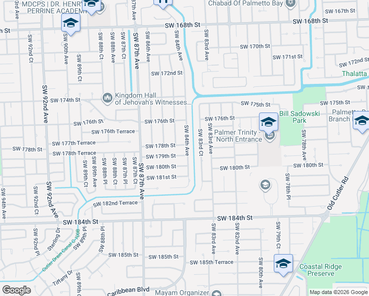 map of restaurants, bars, coffee shops, grocery stores, and more near 8400 Southwest 178th Street in Palmetto Bay