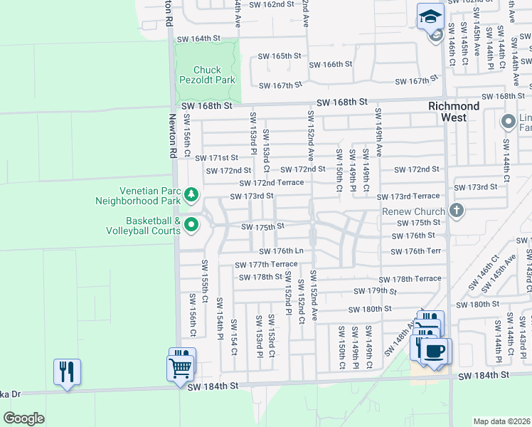 map of restaurants, bars, coffee shops, grocery stores, and more near 17420 Southwest 153rd Avenue in Miami