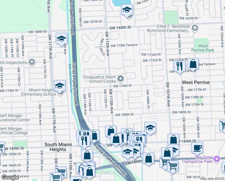 map of restaurants, bars, coffee shops, grocery stores, and more near 11145 Southwest 177th Street in West Perrine