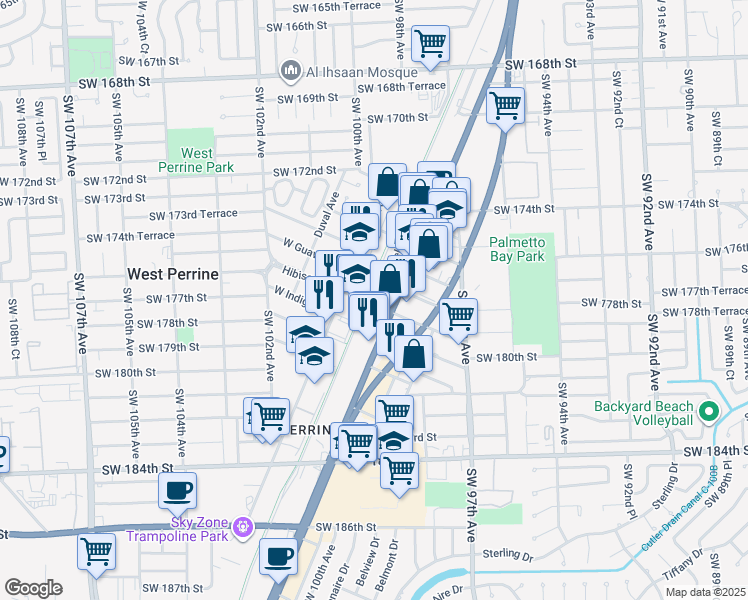 map of restaurants, bars, coffee shops, grocery stores, and more near 9911 West Hibiscus Street in Miami