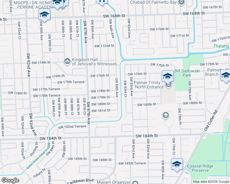 map of restaurants, bars, coffee shops, grocery stores, and more near 8400 Southwest 178th Street in Palmetto Bay
