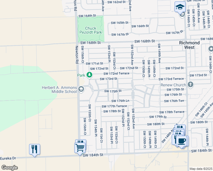 map of restaurants, bars, coffee shops, grocery stores, and more near 15382 Southwest 173rd Lane in Miami