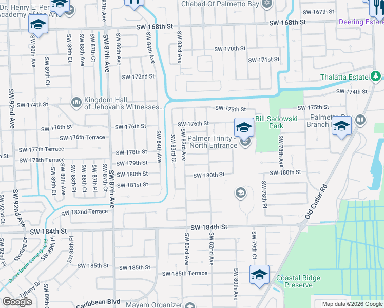 map of restaurants, bars, coffee shops, grocery stores, and more near 8245 Southwest 178th Terrace in Palmetto Bay