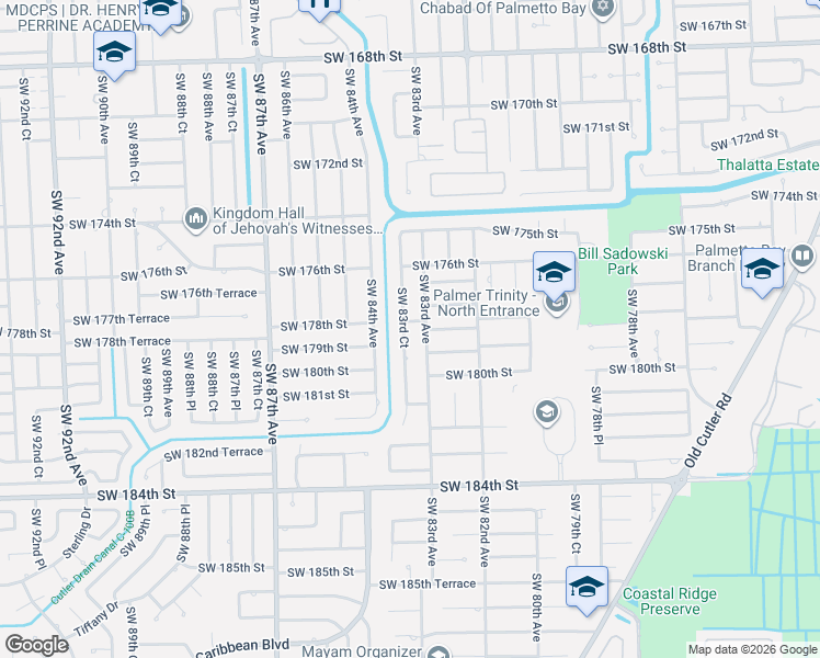 map of restaurants, bars, coffee shops, grocery stores, and more near 17800 Southwest 83rd Avenue in Palmetto Bay