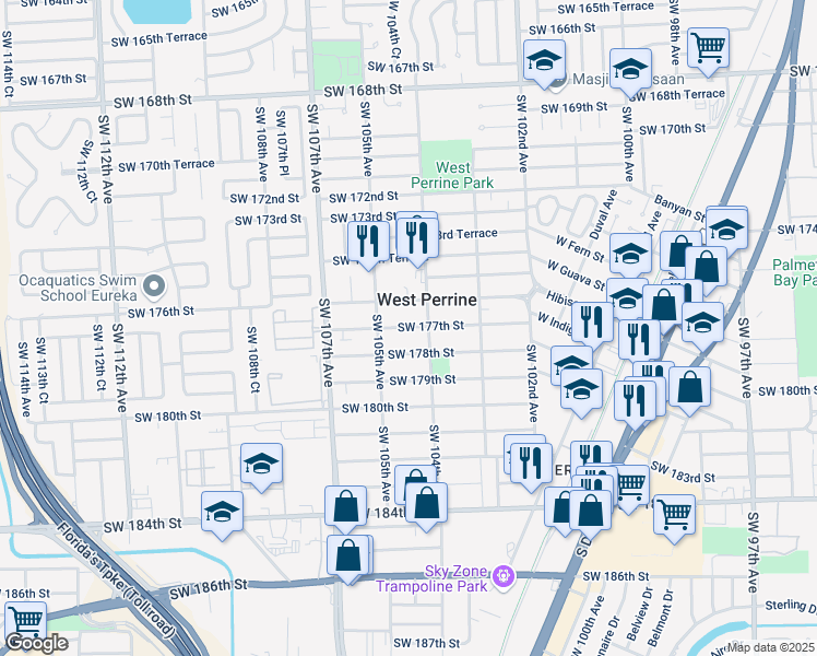 map of restaurants, bars, coffee shops, grocery stores, and more near 17630 Southwest 104th Avenue in Miami
