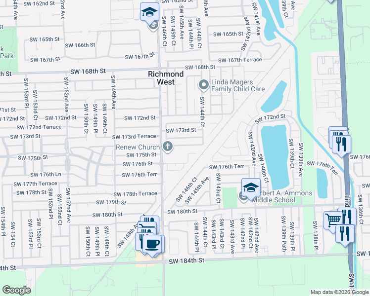 map of restaurants, bars, coffee shops, grocery stores, and more near 14604 Southwest 174th Terrace in Miami