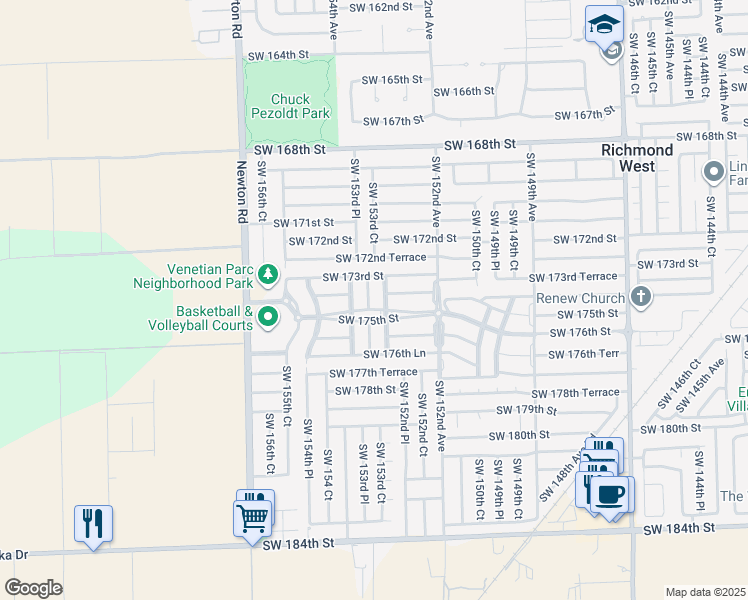 map of restaurants, bars, coffee shops, grocery stores, and more near 17420 Southwest 153rd Avenue in Miami