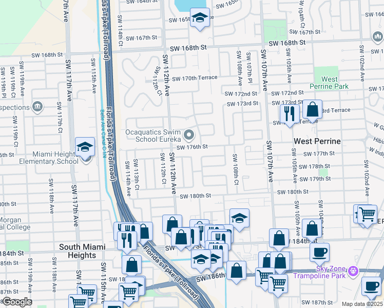 map of restaurants, bars, coffee shops, grocery stores, and more near 11015 Southwest 177th Street in Miami