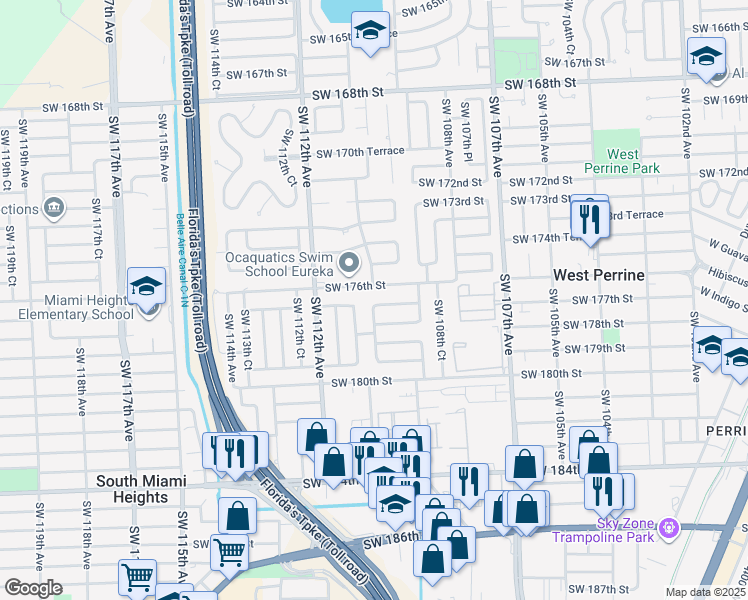 map of restaurants, bars, coffee shops, grocery stores, and more near 10951 Southwest 177th Street in Miami