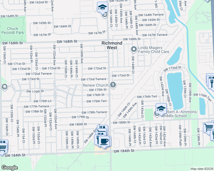 map of restaurants, bars, coffee shops, grocery stores, and more near 14700 Southwest 174th Street in Miami