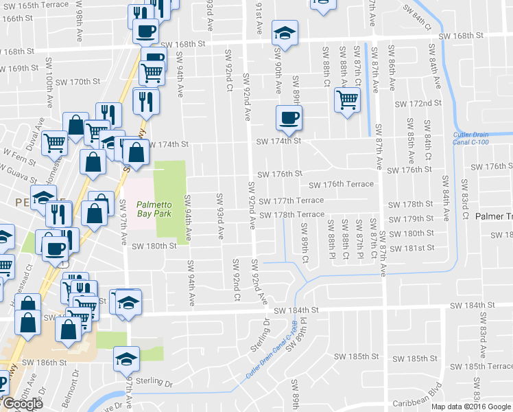 map of restaurants, bars, coffee shops, grocery stores, and more near 9130 Southwest 177th Terrace in Palmetto Bay
