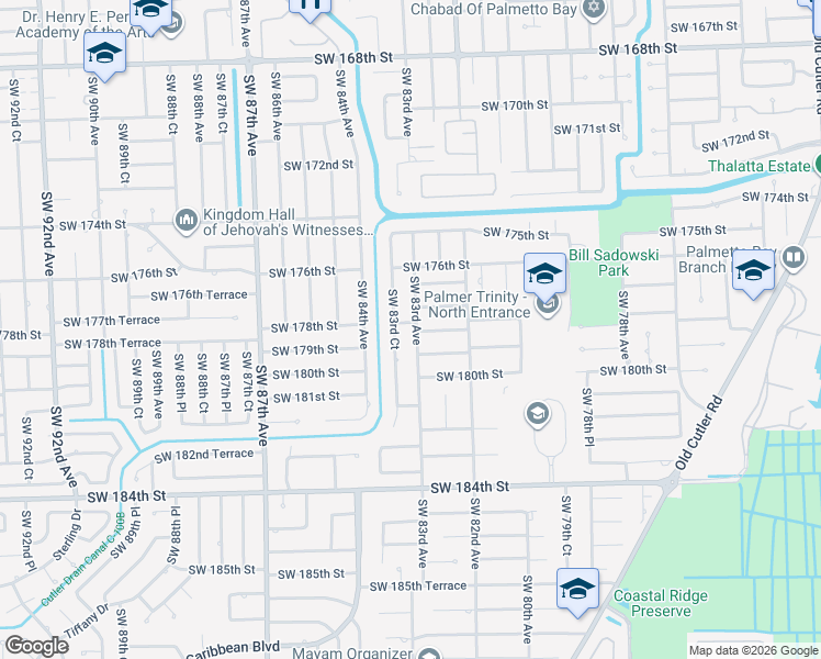 map of restaurants, bars, coffee shops, grocery stores, and more near 17800 Southwest 83rd Avenue in Palmetto Bay