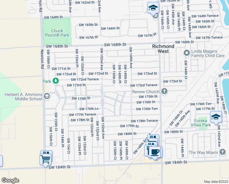 map of restaurants, bars, coffee shops, grocery stores, and more near 15049 Southwest 174th Street in miami