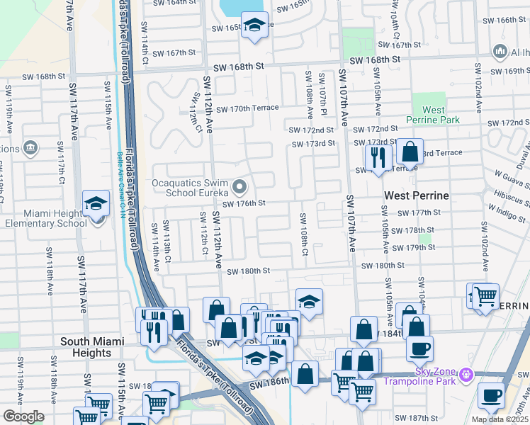 map of restaurants, bars, coffee shops, grocery stores, and more near 10951 Southwest 177th Street in Miami