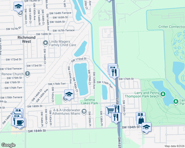 map of restaurants, bars, coffee shops, grocery stores, and more near 13912 Southwest 174th Terrace in Miami