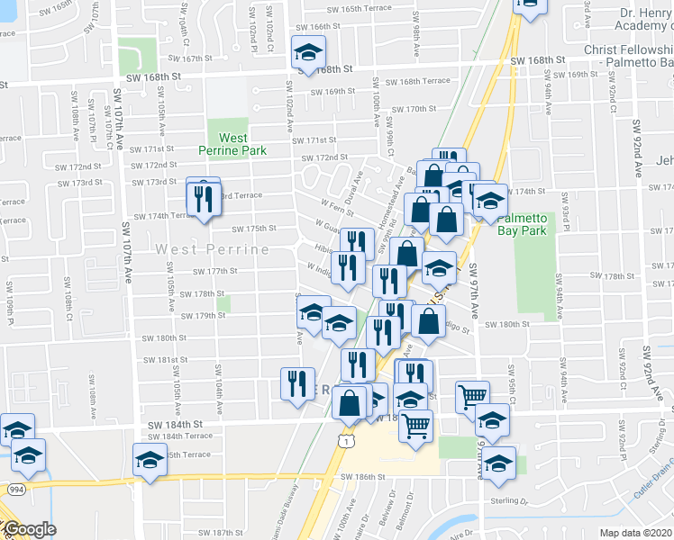 map of restaurants, bars, coffee shops, grocery stores, and more near 10055 West Indigo Street in Miami